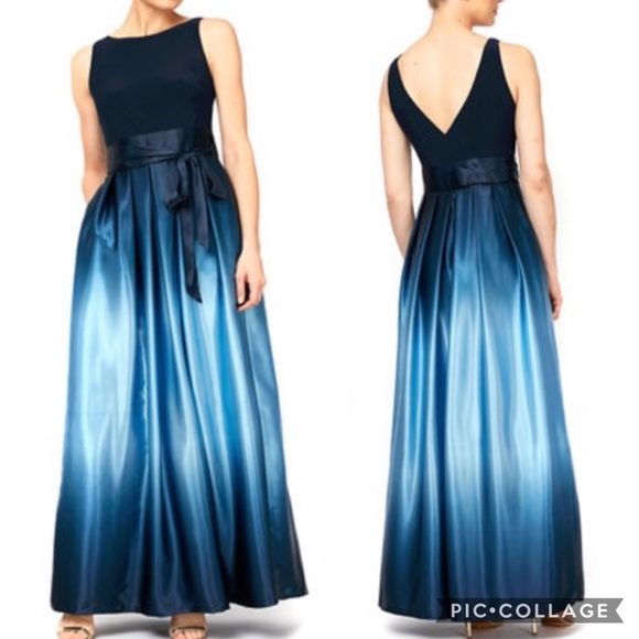 SLNY Evening Gown Navy Blue Ombre Satin Bow 14